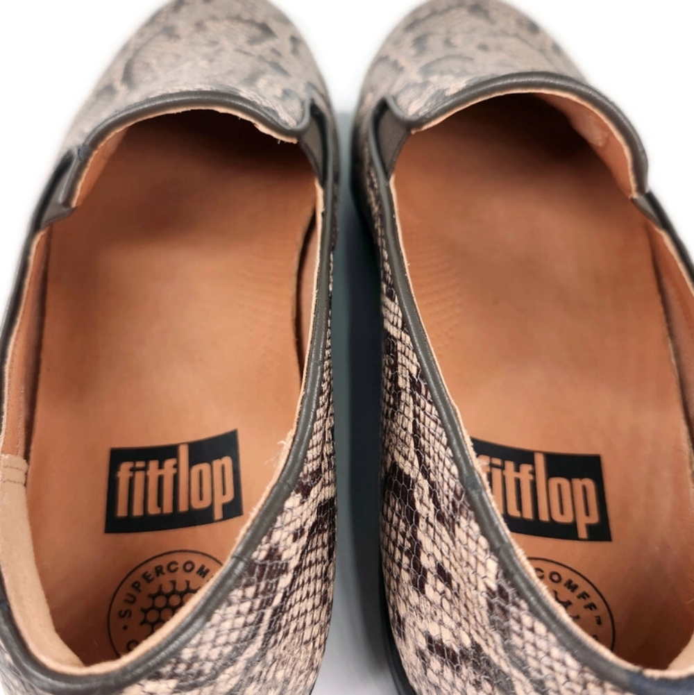 Fitflop Superskate Taupe Beige & Grey Snake Print Leather Slip-On Loafers - Picture 7 of 13
